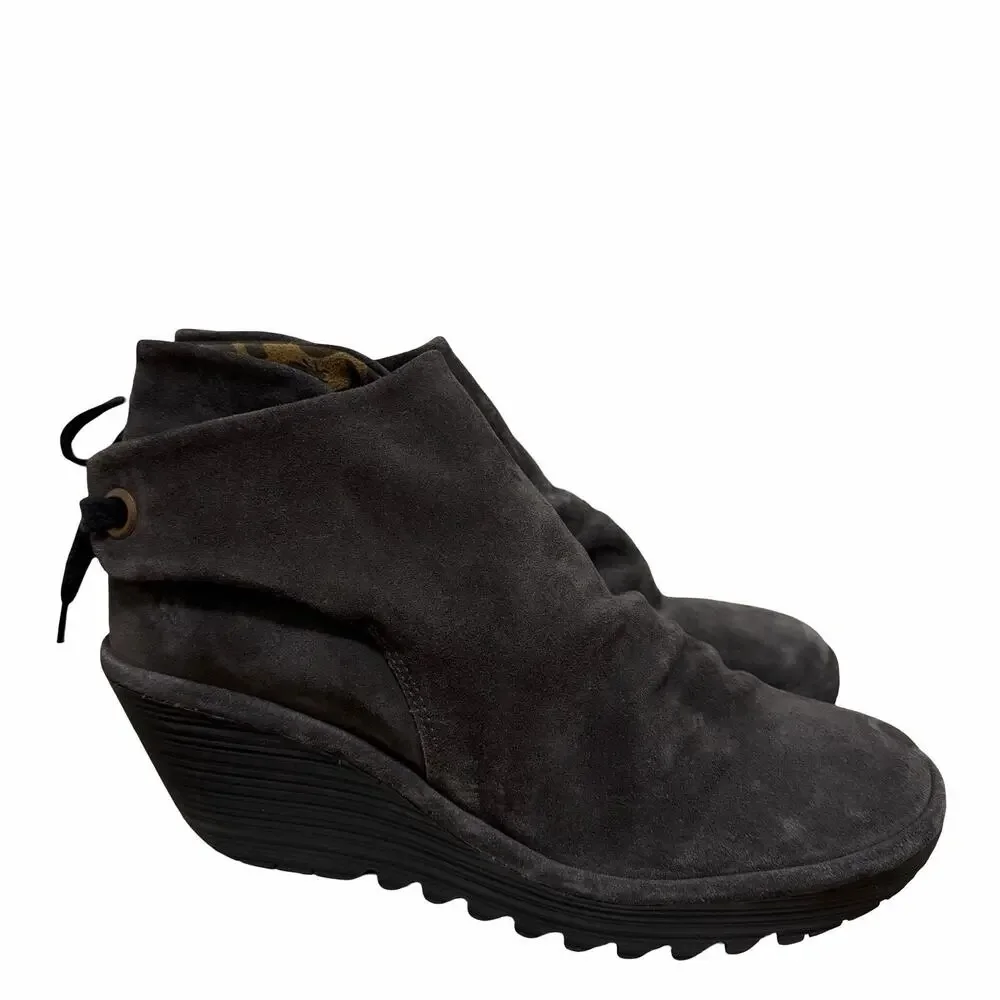 Fly London Womens Yebi Suede Ruched Wedge‎ Ankle Boots EU 41 US 10 Charcoal MINT